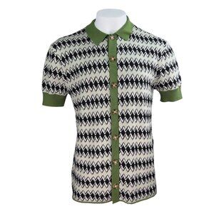 Bound Diamond Print Short Sleeve Knit Button Up